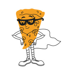 Pizza with glasses and cape. Halloween character in doodle style.