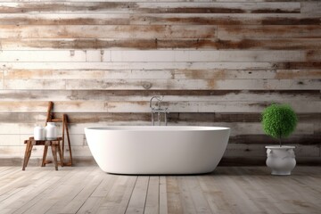 Naklejka na ściany i meble Bathroom with white and wooden walls and a white bathtub on a wooden floor. a lateral view a mockup Generative AI