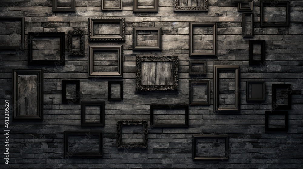 Poster against a background of wood, black empty frames. generative ai