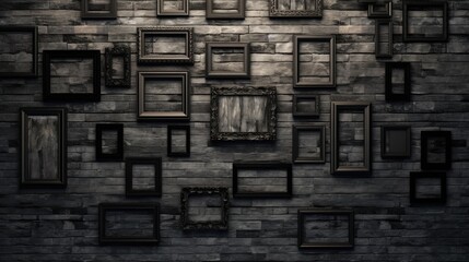 against a background of wood, black empty frames. Generative AI