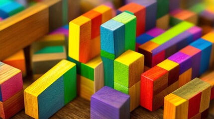 Obraz premium Spectrum of stacked multi-colored wooden blocks. Background or cover for something creative, diverse, expanding, rising or growing. Shallow depth of field