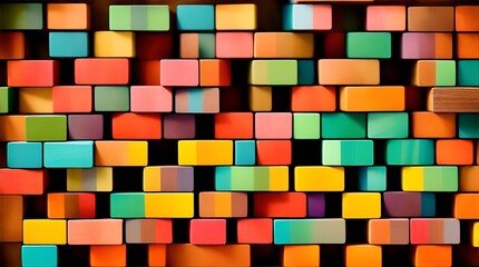 Spectrum of stacked multi-colored wooden blocks. Background or cover for something creative, diverse, expanding, rising or growing. Shallow depth of field