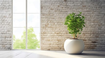 Fashion Style, Illustration Graphic Design, Empty Contemporary Interior, Simple White Brick Wall with Large Panoramic Window and Green Plant in the Pot Generative AI