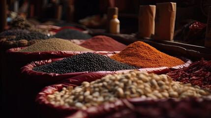 Naklejka na ściany i meble Colorful spices at a traditional oriental market Generative AI