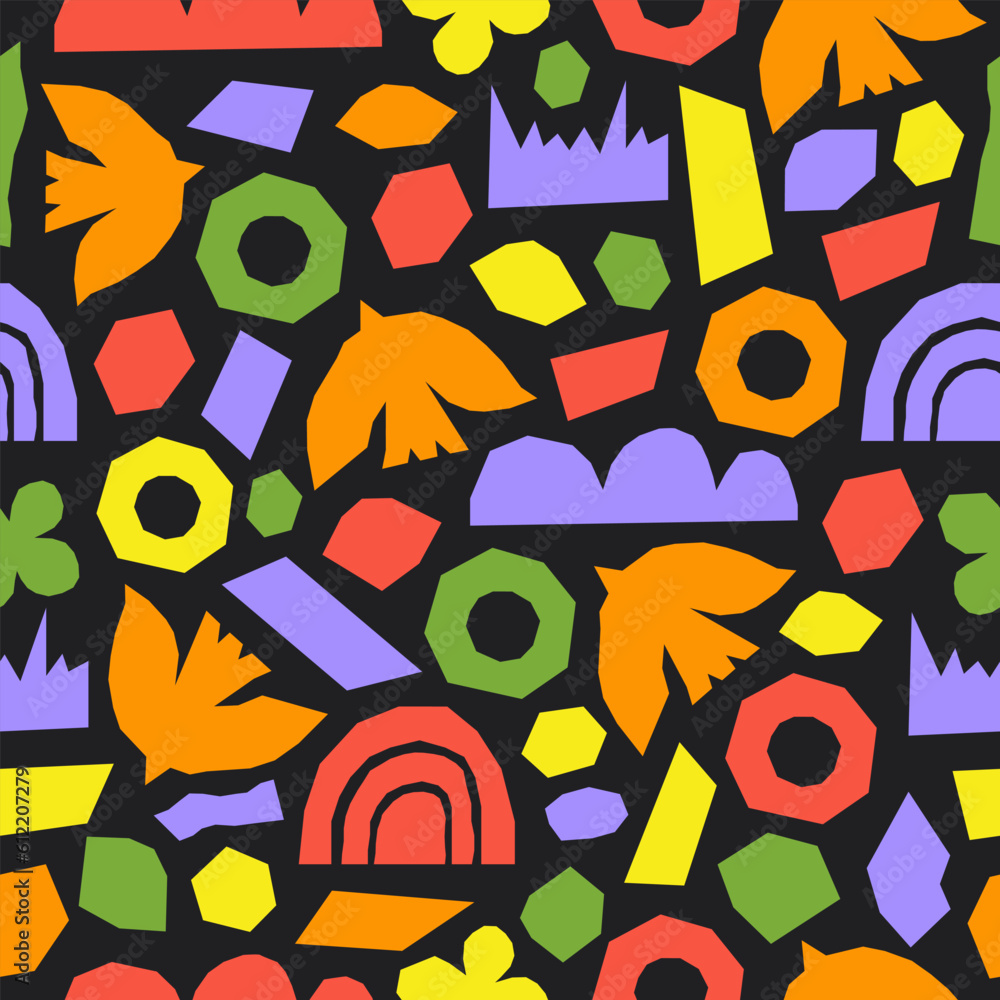 Poster Abstract seamless pattern with colorful geometric cutting doodles. Trendy random shapes on a black background. Vector illustration