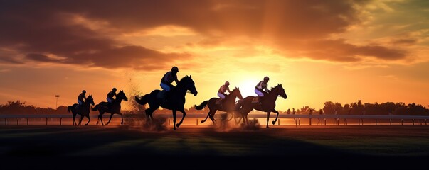 Fototapeta na wymiar Racing horse at sunset sky Generative AI