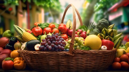 Naklejka na ściany i meble Farmers market, featuring a shopping basket filled with a vibrant assortment of organic, locally sourced fruits and vegetables. Sustainable agriculture and conscious consumer choices. Generative AI