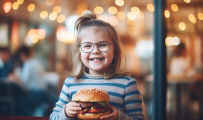 Cute happy girl 7 years old with a burger, blur cafe background.