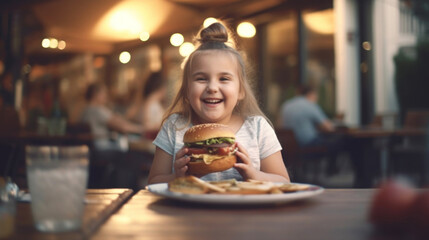 Cute happy girl 7 years old with a burger, blur cafe background.