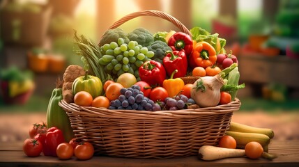 Farmers market, featuring a shopping basket filled with a vibrant assortment of organic, locally sourced fruits and vegetables. Sustainable agriculture and conscious consumer choices. Generative AI