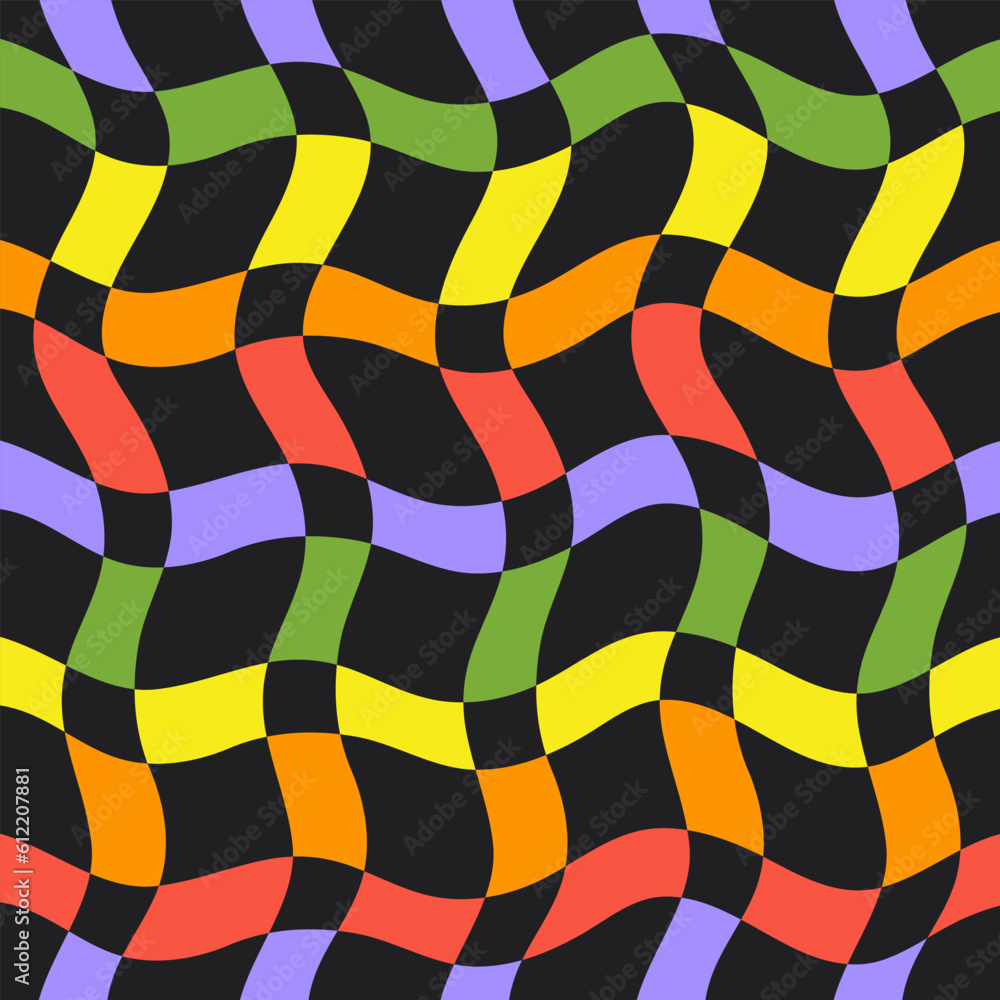 Poster abstract seamless pattern with colorful wavy grid on a black background. contemporary collage backgr