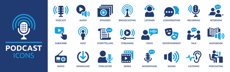 Podcast icon collection. Containing audio, microphone, record, podcasting, broadcasting and entertainment icons. Solid icon set. Vector illustration. - obrazy, fototapety, plakaty