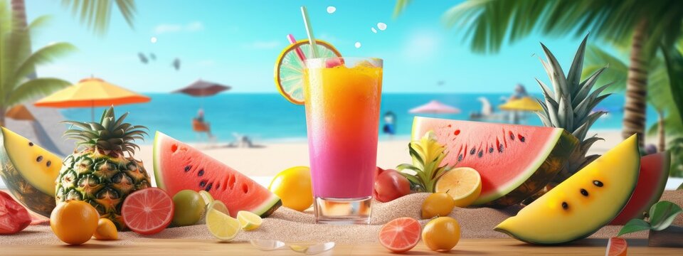 Freshy Fruit Juice Background with Various Fruits, Summer Festive Time. Generative Ai