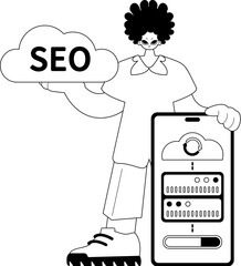 valet and server . Cloud memory and SEO theme . black and flannel line artwork. Trendy style, Vector Illustration