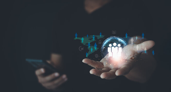 Target customer, buyer persona, customer behavior concept. Businessman shows target customer on virtual screen. Marketing plan and strategies. Personalization marketing, customer centric strategies.