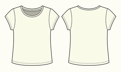 Girls t-shirt front and back view flat sketch vector illustration mockup template.