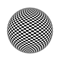 Checkered 3D sphere figure. Ball design with black and white squares. Globe icon. Spherical shape with chequered pattern isolated on white background
