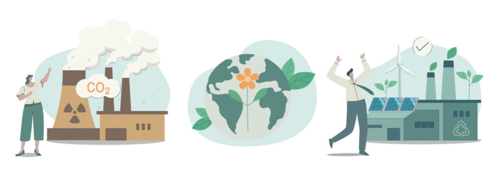 Set of climate change problem concepts. Power plant emission pollution CO2 and sustainable clean factory with renewable energy. Vector design illustration.
