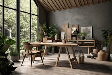 Obraz premium an office with wood desks and glass walls, in the style of high detailed, grey academia, wood, photo-realistic landscapes, vintage minimalism, light silver and light brown