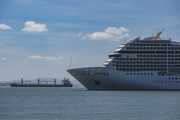 Large modern liner cruiseship cruise ship Poesia, Orchestra, Magnifica or Musica in port of Lisbon,...