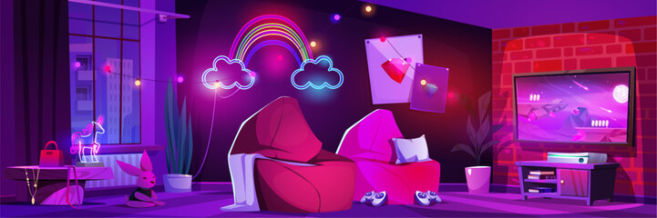 Pink gamer room for girl at night cartoon vector illustration. Girly video game lounge studio interior with furniture and neon light. Purple online streamer house with tv, console and poster.