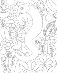 Seahorse out line with floral background for adult coloring book interior  