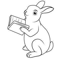Rabbit cartoon reading a book line art