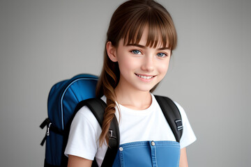 teenager European girl with school backpack, happy girl ready for school, portrait, Generative AI