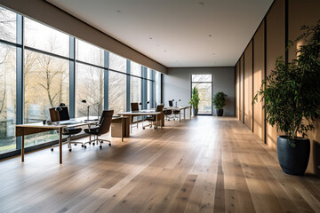 Obraz na płótnie Canvas an office with wood desks and glass walls, in the style of high detailed, grey academia, wood, photo-realistic landscapes, vintage minimalism, light silver and light brown