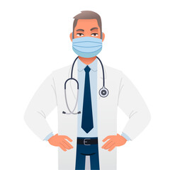 Fototapeta premium Doctor is wearing a protective mask and a white coat with a stethoscope. The head physician therapist stands with his hands on his hips.
