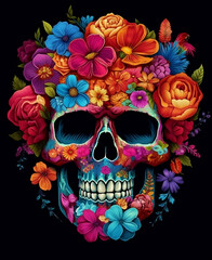 The colorful skull covered with flowers