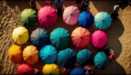 Naklejka premium colorful umbrella open in the crowded street on the street Generative AI