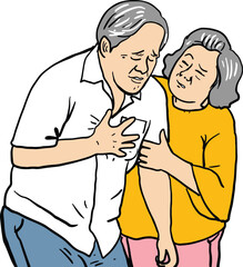 cartoon elderly male chest pain female elderly help support love