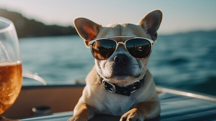 Dog in sunglasses has fun with a drink on a yacht. Funny animal summer concept sea background. Generative ai.