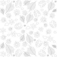 Fototapeta premium Line black pattern with tropical flowers and leaves. Vector illustration. Background, wallpaper, paper, texture, textile, drawing book.