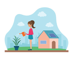 Young woman protecting environment, taking care about flower. Usage of solar panels. Young lady standing near house and watering plant. Flat vector illustration in blue colors