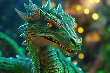 Obraz premium Green wooden dragon against a blurred green background and golden bokeh. Mythological, fantastic beast.. .Symbol of 2024. Chinese New Year. Generative AI.