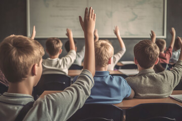 Obraz premium The students raise their hands in class to answer the teacher's question.The concept of education and back to school.Generative AI
