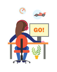 Young lady sitting at table near computer and playing computer game. Indoors activity and hobby. Online games and eSports concept. Recreation and leisure time at home. Vector flat illustration