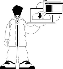 The Man with the browser that synchronizes the datum . Cloud storehouse typography . bootleg and ashen touch artwork. Trendy style, Vector Illustration