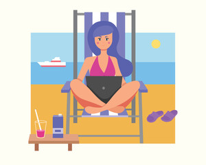 Pretty lady sitting at beach, resting outside and working on laptop. Successfully time management for freelancer concept. Creative employee doing remote job. Vector flat illustration