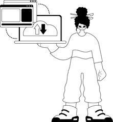 The female child with the browser that synchronizes the datum . Cloud repositing beginning . blacken and white ancestry artwork. Trendy style, Vector Illustration