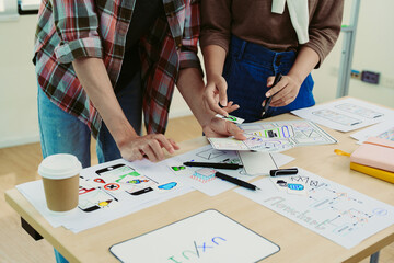 Group of asian creative team programing designers participate in all phases of the UX UI design.