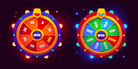 Ui game lucky wheel fortune spin for win prize vector design. Free gift turn fortuna and luck. Blue mobile lottery with sparkle and twinkle glow collection. Vegas leisure jackpot element to play set - obrazy, fototapety, plakaty