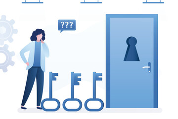 Difficulty business solution. Businesswoman chooses key to open keyhole on door. Right choose, way to success or profit. Overcoming business obstacles.