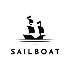 Simple sailboat sailing ship in Sea Ocean Wave, Simple sailboat vector silhouette logo design template