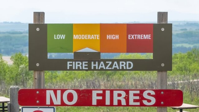 An animated fire hazard sign going from Low, moderate, high and extreme of a wildfire risk, at an outdoor park.