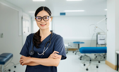 Obraz premium Portrait of happy doctor or nurse at hospital corridor