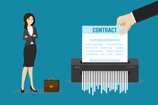 Contract is destroyed in paper shredder machine. Information protection. Sad businesswoman looks at cancellation of job contract or collapse of deal. Failure agreement, refuse job offer.