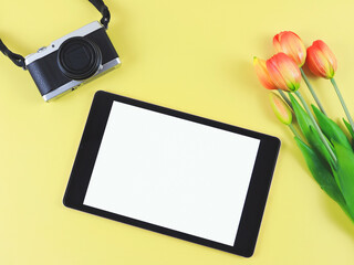 flat lay of digital tablet with blank white screen, tuip flowers  and digital camera isolated on yellow background.